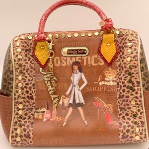 Nicole Lee Studded Cosmetics Shopper Satchel – Leopard Print & Red Croc Handles